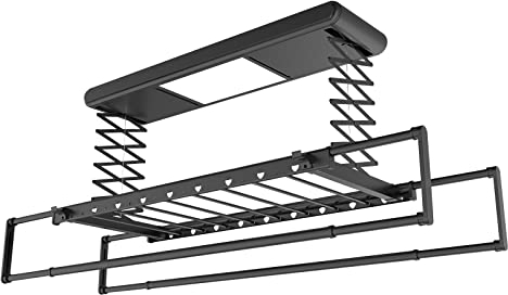 SKYLYZH Elektrischer Wäscheständer,Elektrischer Deckenwäschetrockner, Hebender wäascheständer Decke, Kleiderstange 1,4-2,4 m, mit Fernbedienung + LED-Beleuchtung + 1,3 m elektrische Hubhöhe-Black