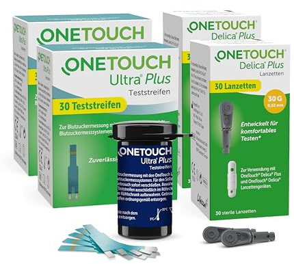OneTouch Ultra Plus Kombi-Pack M für Blutzuckermessung |Teststreifen & Lanzetten für Diabetes (Zucker-Krankheit)| 60 Tests | 2 Packungen Teststreifen, je 30 Stück I 2 Packungen Lanzetten, je 30 Stück
