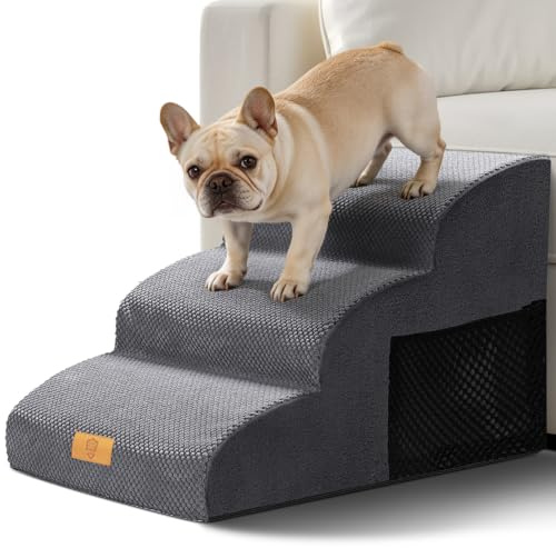 Thihome Scaletta per Cani 3 Gradini in Spugna, Scala per cani Letto, Scaletta Cane con Fodera Rimovibile e Lavabile, Rampa per Animali Domestici, Scala per Gatti, per Divano e Letto, Grigio
