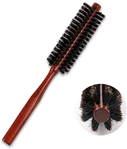 Round Boar Bristle Brush,Small Round Brush Portable Bristle Hair Brush with Ergonomic Natural Wood Handle Mini Rolling Circular Hairbrush for Hair Drying, Styling, Curling, Adding Hair Volume