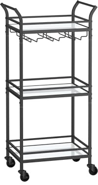 VASAGLE Carrello da bar nero, carrello da bar per casa, piccolo carrello da bar con ripiano a specchio a 3 livelli, porta vino, supporto per bicchieri, mini carrello da bar per piccoli spazi, cucina,