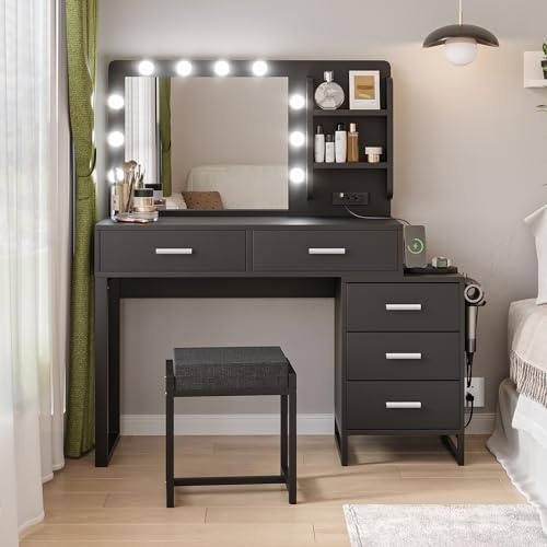 Semiocthome Schminktisch mit 10 LED-Lichtern, Spiegel und 5 Schubladen, 2 offene Regale, Schminktisch mit seitlicher Kommode mit 3 Schubladen, 100 cm (L) für Mädchen-Cremeweiß