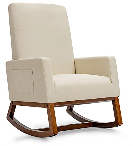 COSTWAY Relax Rocking Chair, Linen Fabric Upholstered Rocker Accent Chair with Solid Wood Legs and Side Pocket, Modern High Back Leisure Lounge Armchair for Living Room Bedroom Nursery (Beige)