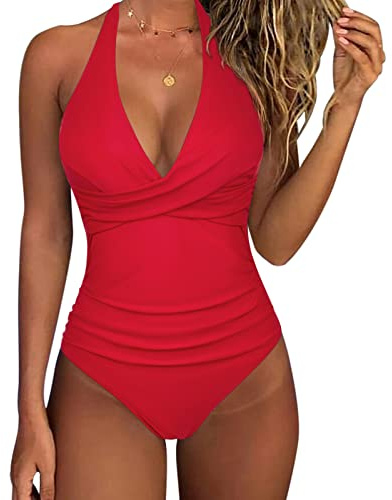RXRXCOCO Badeanzug Damen Bauchweg Push Up Shape Bademode Neckholder Badeanzug Rückenfrei Schwarzer Leopard M