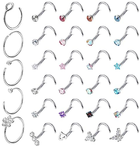 Adramata 29Pcs 20G Nasenpiercing Stecker CZ Nasenring Chirurgenstahl Nasenpiercing Glänzendes Nasenstecker Schmetterling Nose Piercing Silber Nasenstecker Nasenpiercing Schmuck für Damen Herren