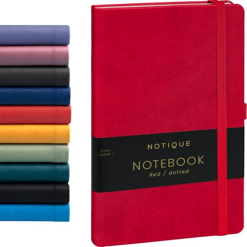 NOTIQUE Anteckningsbok med prickig, inbunden anteckningsbok, anteckningsbok, dagbok med gummiband och pennhållare 13 x 21 cm, 192 sidor (röd, prickad)