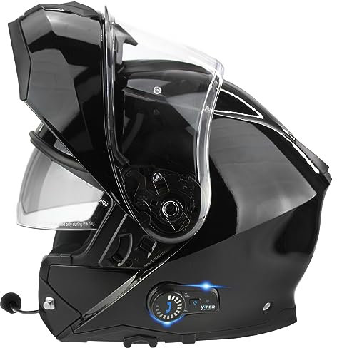 ViPER RSV191 Flip up Motorcycle Helmet with Blinc Bluetooth - Modular Double Visor Motorbike Helmets - Microphone Dual Speaker for Hands & Noise Free Automatic Answering ECE/ACU Gold Approved (Black,L