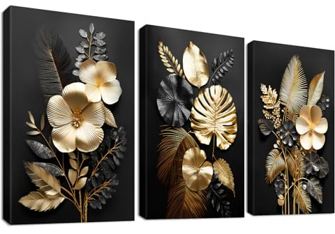 3 Panels 3D Schwarz Gold Blumen Mit Rahmen Leinwand Bilder Monstera Kokosnuss Blätter Bild auf Leinwand Malerei Poster Wandbilder Wohnzimmer Schlafzimmer Badezimmer Wanddeko 150x70cm (20x28x3pcs)