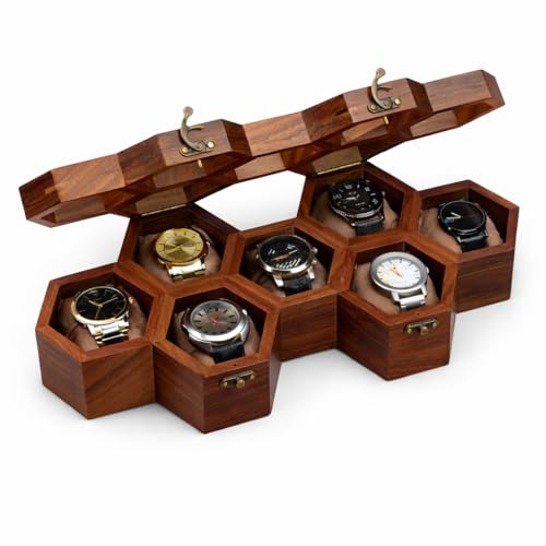 Royal Craft Expertise Handgefertigte Uhrenbox aus Holz mit 7 Schlitzen für Herren – Vintage-Wabenvitrine aus indischem Palisander | Inklusive Samtkissen – luxuriöses Geschenk