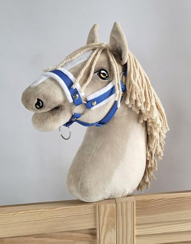 Super Hobby Horse Verstellbares Halfter für Hobby Horse A3 mit Fell. Set ohne Pferd. blau mit weißem Fell