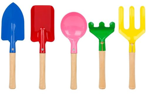 Kids Gardening Tools, 5 Piece 8 Kids Gardening Set Safe Beach Sandbox Toy Made of Metal with Sturdy Wooden Handle Gardening Equipment Spoon, Fork, Trowel, Rake & Shovel for Children (5 pcs)