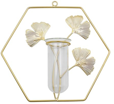 Ieron Décoration Murale en métal doré, Vase Floral à Suspendre, vases en Tube de Verre Transparent pour bourgeons, Propagation de Plantes hydroponiques (hexagone)