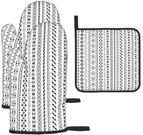 Set di 3 guanti da forno, guanti da forno e presine con stampa a strisce triangolari, stile bohémien, per cucina, cucina
