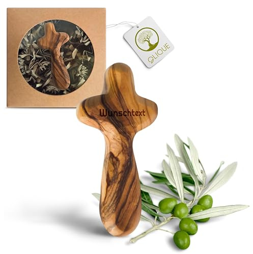 OLIQUE Kreuz aus Olivenholz - Handgemachter Handschmeichler als Geschenk zur Geburt, Taufe Kommunion und zur Firmung (Mit Gravur)