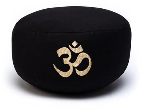 PURE SHANTI Meditationskissen | 100% Bio-Baumwolle | natürliche Buchweizenspreu-Füllung | Rundes Yogakissen Ø 34 cm | Schwarz mit OM-Symbol