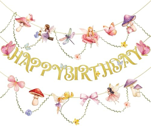 SUNBEAUTY Happy Birthday Girlande Rosa Feen Geburtstag Deko Blumen Girlande Schmetterlinge Deko für Kindergeburtstag Gartenparty Deko FrüHling Sommer Deko Innen