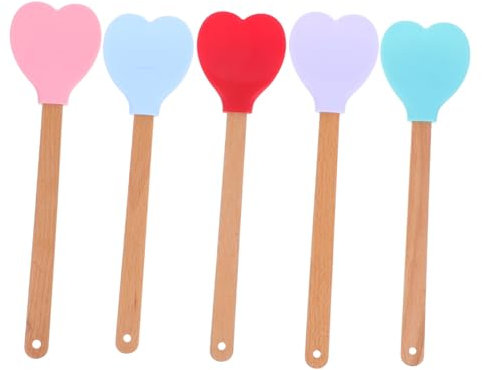 GLEAVI 5pcs Heart Shaped Silicone Cooking Utensils Spatula for Mixing Stirring and Serving Dishwasher Safe Kitchen Tools