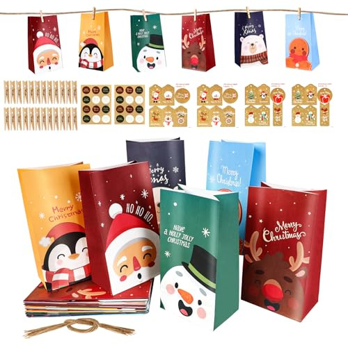 Geschenktüten Weihnachten - 24 Stück Weihnachtstüten - zum Aufhängen oder Hinstellen. Ideal für Geschenke, Süßigkeiten, Mitgebsel und Party. Papiertüten Weihnachten.