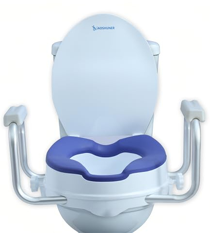 XIAOSHUNER Raised Toilet Seat with Handles for Seniors - Adds 5 Inch - Elevated Toilet Seat Riser with Cushion - Supports 300 lbs - for Standard/Round Toilet - Includes Lid, Blue
