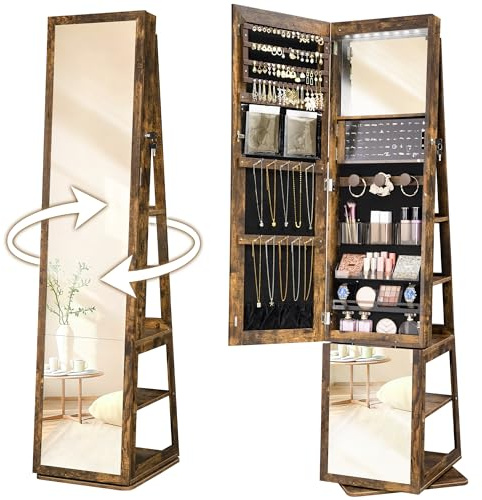 Hzuaneri 16 LEDs Jewelry Cabinet Armoire, Standing Jewelry Organizer with 360° Rotating Base, Lockable Full-Length Mirror, 5-Tier Storage Shelves, 4-in-1 Design, 61.5 H, Toasted Oak JC15901B