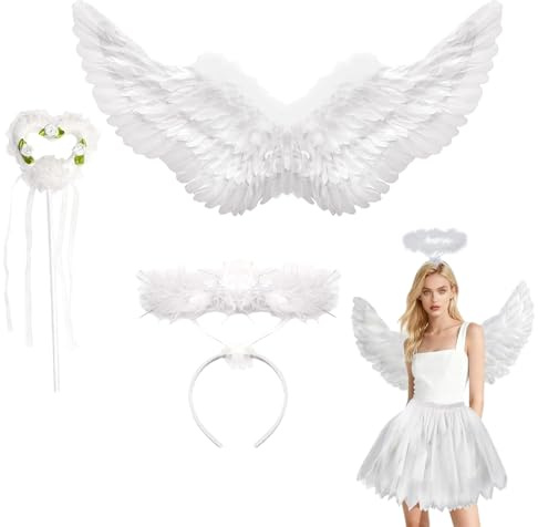 SSKHE 3 alas de ángel blancas y accesorios de ángeles, color blanco, conjunto de alas de ángel y aureola para disfraces de Halloween para mujer