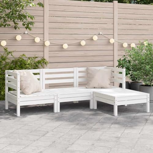 Hoopleep Gartensofa 3-Sitzer Weiß, Massivholz Kiefer Outdoor Lounge Set mit Hocker, Modulares Design für Terrasse und Garten, Langlebig und Stabil