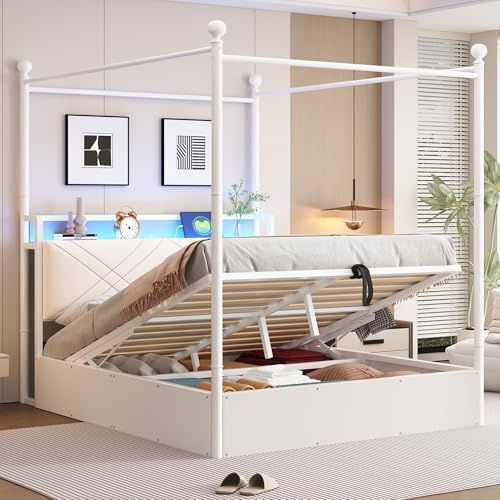 staronce Doppelbett & Metallbett 140x190 cm Weiß – Bett mit stauraum mit Hydraulik, Himmelbett mit LED & USB, Erwachsenen-/Jugendbett mit Baldachin – 220 kg belastbar