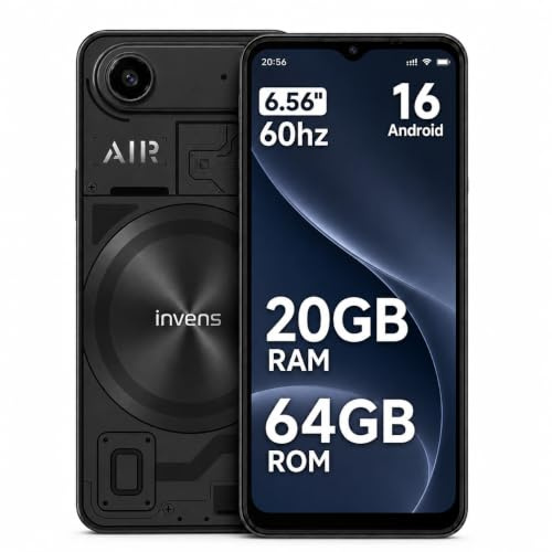 invens Air 1 Android 16 Unlocked Smartphone, 20GB+64GB/1TB | 6.56 Display, 8MP+16MP Camera, 5000mAh (typ) battery Mobile Phone, 4G Dual Sim/Face ID/GPS/BT5.0,Black