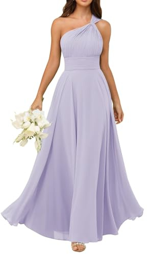 KURFACE Vestido de dama de honor con un hombro descubierto, largo, sin mangas, de gasa, para invitada de boda, vestido formal de fiesta, Lila, 60 Grande