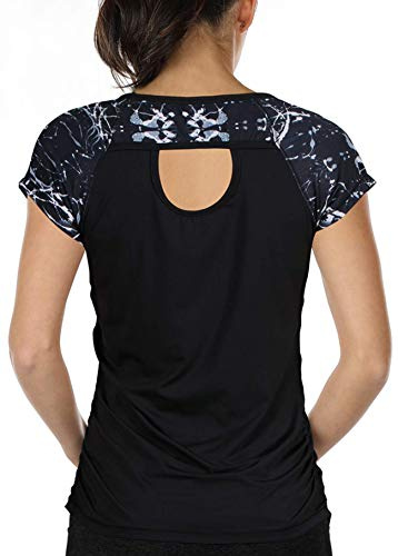 icyzone Damen Sport T-Shirt Kurzarm Laufshirt Rückenfrei Fitness Oberteile Gym Yoga Top (XL, Monochrome/Black)