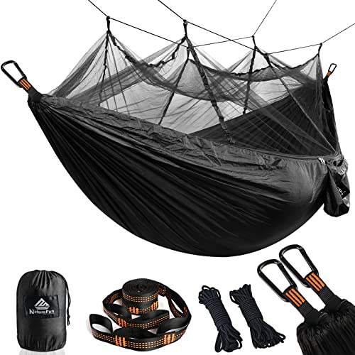 NATUREFUN Ultraleichte Moskito Netz Camping Hängematte 300kg Tragfähigkeit,(275 x 140 cm) Atmungsaktiv, schnell trocknende Fallschirm Nylon Enthalten 2 x Premium Karabinerhaken 4 x Nylonschlingen