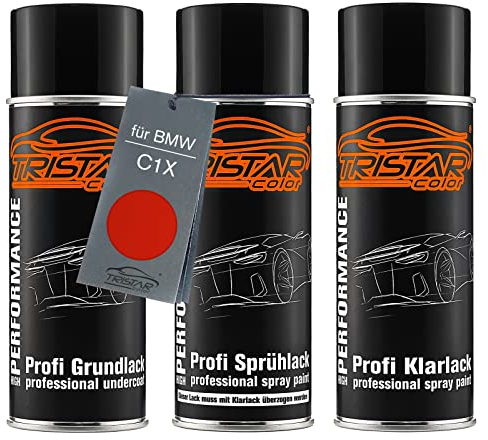 TRISTARcolor Autolack Spraydosen Set für BMW C1X Sunset Orange Perl Metallic Grundlack Basislack Klarlack Sprühdose 400ml