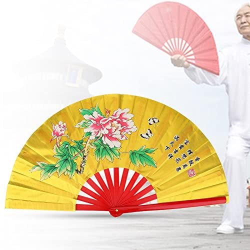 Dioche Tai Chi Fan, Hand Folding Chinese Tai Chi Fans, Traditional Chinese Bamboo Fan Kung Fu Martial Arts Silk Fan Right Hand Wushu Dance Practice Training Fan(Gold)