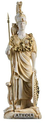 BeautifulGreekStatues Athene mit Eule, Medusa-Schild, griechische Göttin Alabaster, Statue, Gold, 26,9 cm