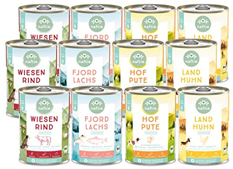 naftie Bio Hundefutter Nassfutter Mischpaket - 12x 400g | Friendly Food für Hunde, regional, purinarm, glutenfrei, fettarm, ab 1 Jahr, ideal für Senioren