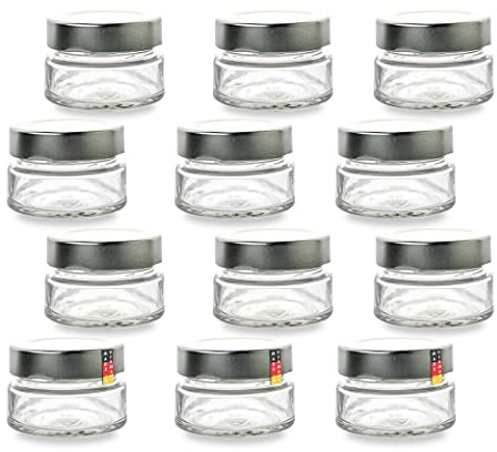 Flaschenbauer - Einmachgläser 75ml 12er Set - Gewürzgläser mit Deckel TO58 Silber, Schraubgläser, Joghurtgläser, Marmeladengläser, mit Twist-Off-Deckel, für Marmelade, Honig, Gewürze - Made in Germany
