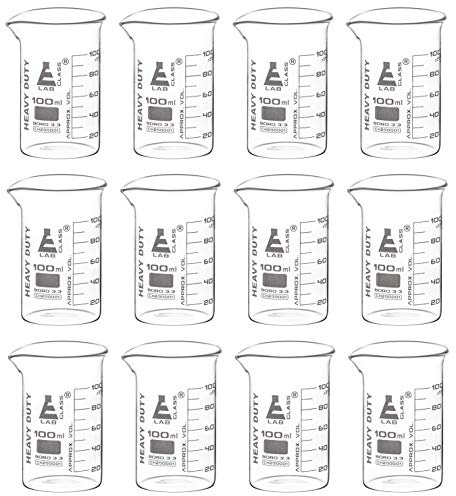 12PK Heavy Duty Beakers, 100ml - 5mm Thick, Uniform Walls - Superior Durability & Chemical Resistance - White Graduations - Borosilicate 3.3 Glass - Eisco Labs