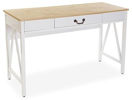 Versa Christoph Mesa Escritorio para el Ordenador, Mesa para la Habitación o Estudio. Mesa Gaming, con Cajón, Medidas (Al x L x An) 76 x 45 x 120 cm, Madera y Metal, Color Marrón y Blanco
