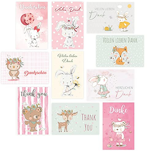 10 Premium Dankeskarten, Klappkarten, 12x18cm, mit 10 Umschläge, 10 verschiedenen Tiermotiven Danke, Karten, Dankekarten, Hochzeit, Geburt, Baby, Taufe, Abschied, Geburtstag