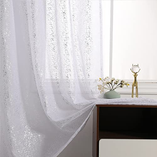 TERLYTEX Cortinas traslúcidas brillantes para sala de estar, cortinas transparentes blancas con purpurina de 84 pulgadas de largo, cortinas transparentes de privacidad con lámina plateada metálica, 52
