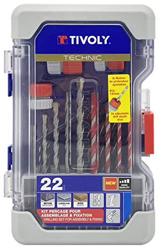 Tivoly 11901170061 Ranger Set mit 22 Teilen, Fliesen, Beton, Holz und 3 Tiefenanschlägen für Bohrer, Durchmesser 3 bis 12 mm, Rot/Grau