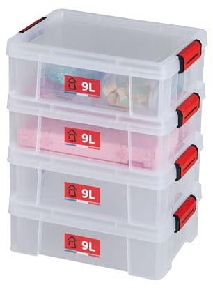 SUNDIS Clip'N Store, 4 cajas almacenaje con tapa, 9l de capacidad, plastico transparente, reforzados, aptas para alimentos, paredes rectas, apilables y combinables