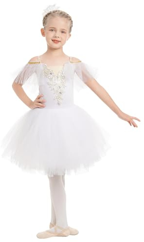 IWEMEK Kids Girls Ruffle Sleeve Lace Flower Tutu Ballet Dress + Hair Clip Gymnastics Leotard Dance Ballerina Costume Fairy Swan Skating Children Dancewear Ballroom Dancer Costume White 9-10 Years