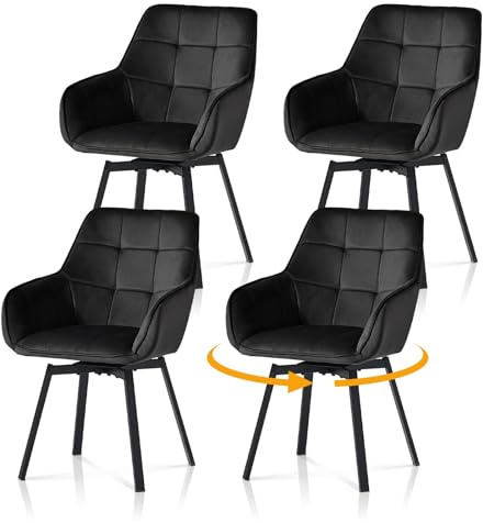 TUKAILAI Esszimmerstühle Drehbar Samt mit Armlehnen,Schwarz, 4er Set | Drehstuhle esszimmer,Armlehnstuhle,Küchenstühle,Rückenlehne, Gepolsterter Sitz, Metallbeine,für Esszimmer Wohnzimmer Küche