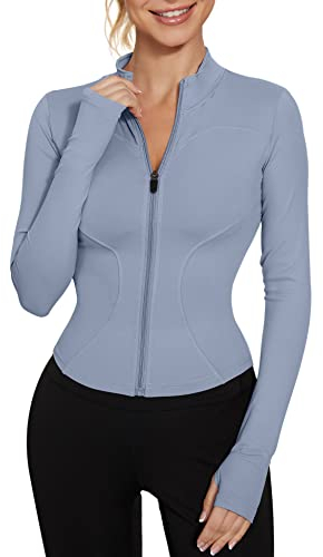 IECCP Damen Gym Tops Langarm Sport Running T-Shirts Workout Yoga Crop Tops Fitness Zip Activewear mit Daumenlöchern Blau M