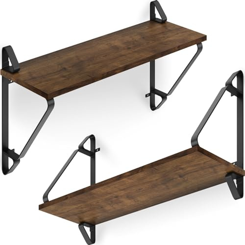 tectake® Mensole Sospese, Set di 2, Pannello in Truciolato Effetto Legno, Struttura in Acciaio, Ripiani da Parete, Rivestimento in Melammina, Mensola da Soggiorno, Cucina, Ufficio - Industriale Scuro