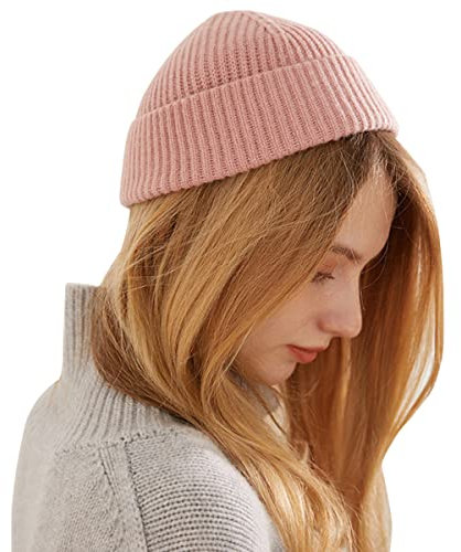 YUONNY Vintermössa klockhatt för män kvinnor, 100 % kashmir varm stickad hipsterkeps, elegant unisex skalle keps kashmir stickad upprullad kant fiskare mössa höst vinter manschett hatt för gåvor rosa
