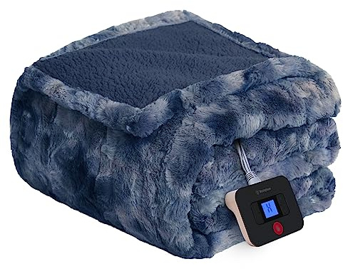 Westinghouse Electric Blanket Full, Faux Fur Heated Blanket with 10 Heating Levels & 1-12 Hours Auto Off, Soft Cozy Sherpa Heated Blanket Washable Blanket (80 x 84 Full Size, Indigo)