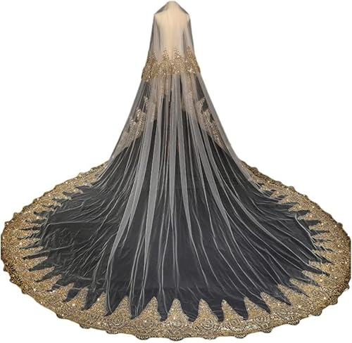 OIDESA Brautschleier, Brautschleier, Braut, Brautschleier, Brautschleier, Zwei Schichten, 3 m, goldene Spitze, Langer Brautschleier, Brautschleier mit Kamm und Ellbogenlänge
