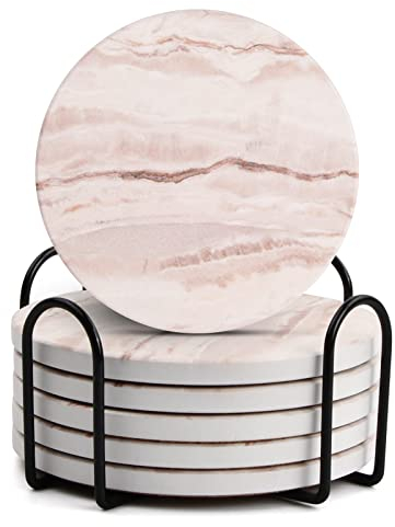 Anseom 6 Stück Untersetzer Gläser, Runder Keramik Untersetzer mit Basis, Getränk Untersetzer Marmor mit Kork-Rückseite für Bars, Cafés, Haus, Party, Büro, Wohnkultur (Weiß)